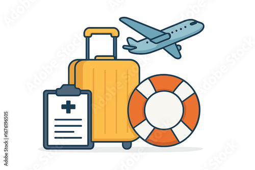 A plane flight for travel and tourism includes an insurance policy, featuring a world‑tour itinerary and summer holiday protection icon, illustrated as a vector airplane