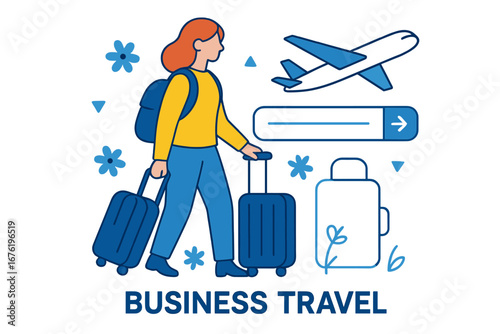 A businesswoman or entrepreneur with a suitcase rushes to board a departing plane, depicting business travel or work tourism in a modern, flat, colorful vector illustration for a banner or poster