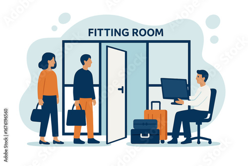 Flat vector illustration of an airport security checkpoint where police officers inspect luggage and scan tourists, using scanners, frames, metal detectors, and computers at the terminal