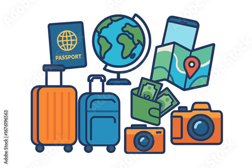 A banner showcasing travel and tourism motifs, with colorful items like a backpack, suitcase, map, and globe, space for text, set against a summer holiday backdrop in a flat colored vector style