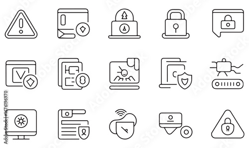 Cybersecurity Line Icons – Shield, Lock, Data Encryption, Firewall, Alert, and Internet Protection Symbols for IT and Online Safety Projects