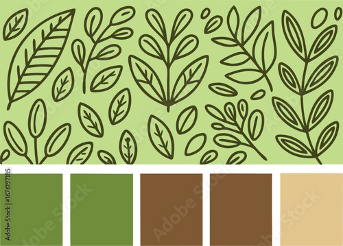 Green and brown leaf pattern with color swatches nature