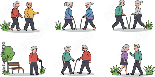 Elderly couples walking with canes in a park, active seniors, healthy aging, outdoor exercise, senior lifestyle illustration.