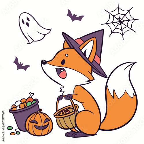 Excited Red Fox with with a giant leaf, set in a charming Halloween theme – Spooky Fun color vector art