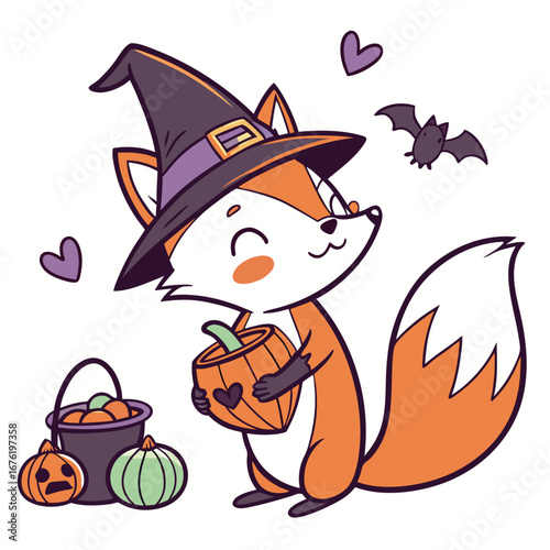 Cute SVG of a Peaceful Red Fox in Spooky Fun colors, featuring holding a heart in a Halloween setting