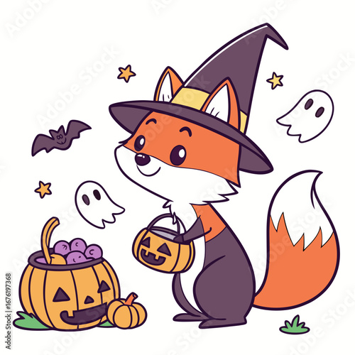 Excited Red Fox with with a giant leaf, set in a charming Halloween theme – Spooky Fun color vector art