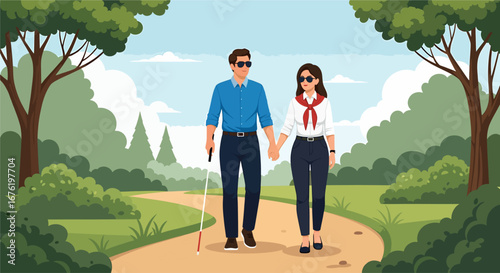 Vector of Blind couple walking in the park, hand in hand