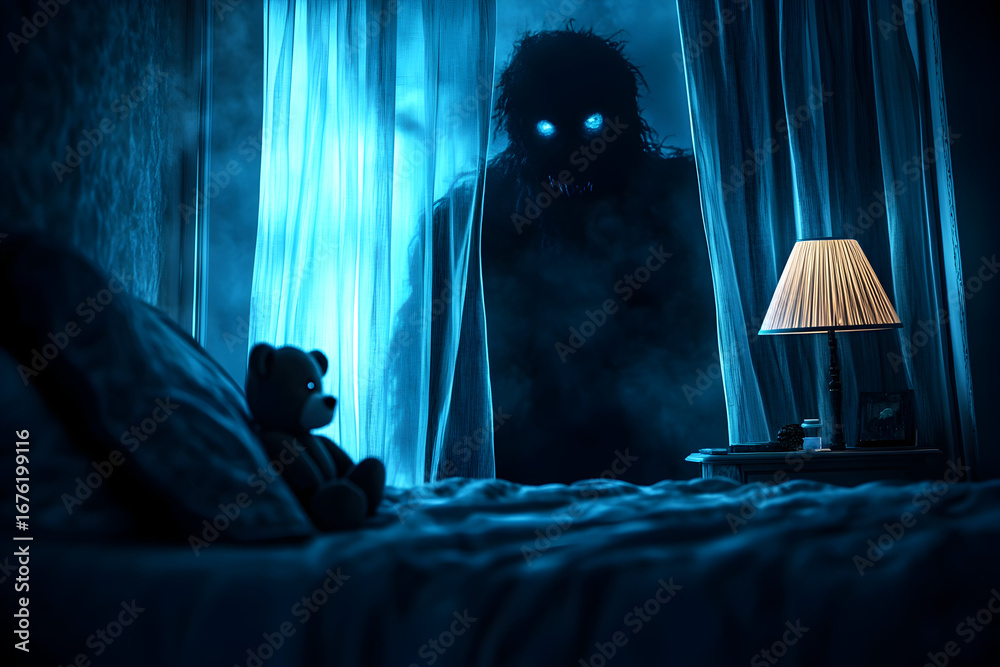 Fototapeta premium Eerie nighttime bedroom with mysterious figure and teddy bear in shadowy scene