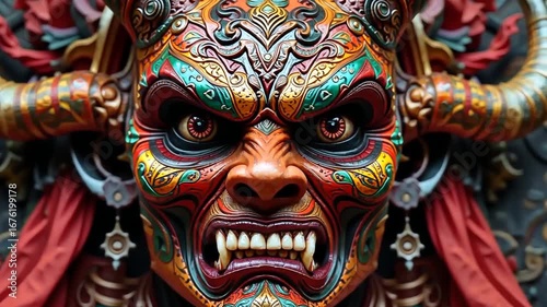 Wallpaper Mural Intricate Demon Mask: Vibrant Colors, Sharp Teeth, and Horns - Close-Up Detail Torontodigital.ca