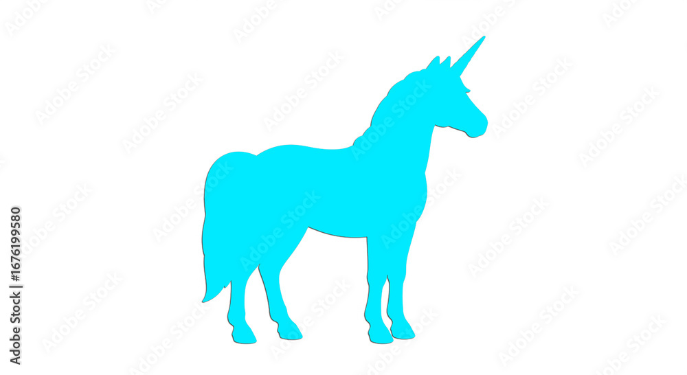 Fototapeta premium Blue unicorn logo gallops across sapphire sky, silver horn aglow, flowing cerulean mane radiating mystical power. 