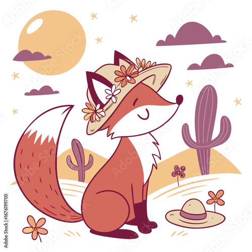 Whimsical Red Fox feeling Grumpy in a Desert sunset setting with with a flower crown – colored in Sundown Glow