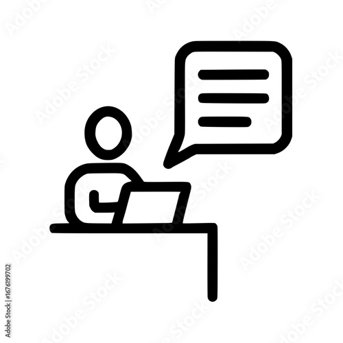 Simple black line icon of a person using a laptop with a speech bubble for online communication
