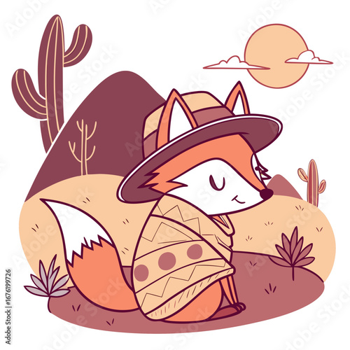 Delightful Content Red Fox in a Desert sunset scene with wrapped in a blanket – Sundown Glow vector illustration