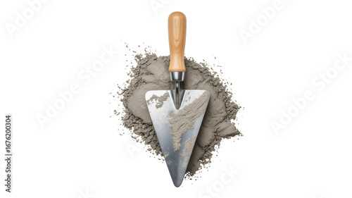 Construction trowel resting in wet cement, ready for building and home improvement projects