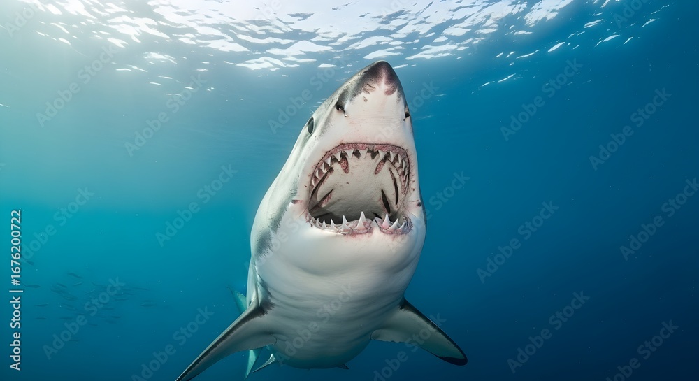 Fototapeta premium Menacing Great White Shark with Jaws Wide Open Displaying Sharp Teeth in Ocean Depths