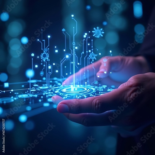 Holding Digital Network Concept in Hands Glowing with Technology