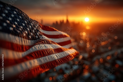 4th of July or Veterans Day celebration with American flag waving at sunset, freedom and independence theme