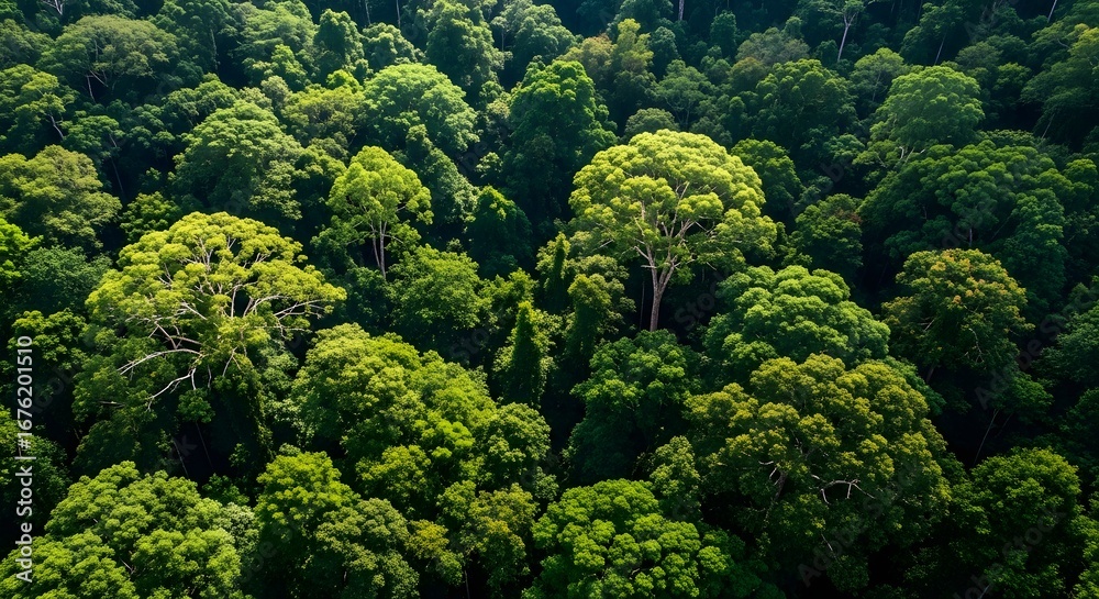 Naklejka premium Lush green forest canopy with dense foliage and trees seen from an aerial view