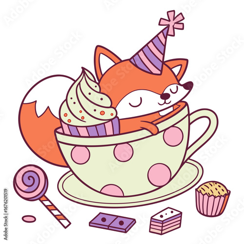 Cute Sleepy Red Fox, accessorized with in a teacup, in a Birthday world – Candy Shop palette vector