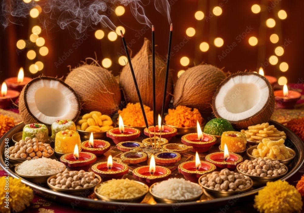 Fototapeta premium A diwali celebration with candles, sweets, coconuts, and incense creating a spiritual ambiance