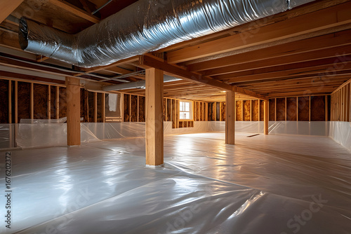 Fototapeta Naklejka Na Ścianę i Meble -  Spacious crawl space with exposed wooden framework and insulated ductwork for home renovation