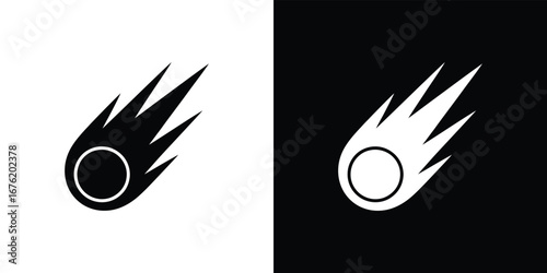 Black & White Comet Silhouette, Circle with Outlines and Fiery Tail, Flat Design