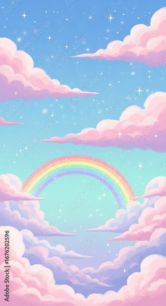 Obraz premium Pink Clouds Rainbow Sky Dreamy Fantasy Illustration Background for Children and Commercial Use