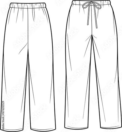 Straight leg pants with drawstring waistband, elastic waist, minimal seam details, front and back flat vector cad sketch illustration