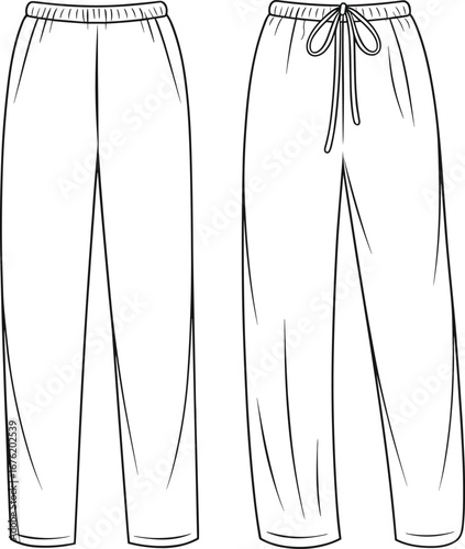 Straight leg jogger pants flat sketch with drawstring waist, elastic band, casual unisex bottom cad vector fashion illustration
