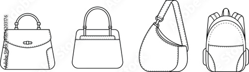Stylish collection of fashion bag technical drawings, vector outline set of handbags, shoulder bag, and backpack, minimal design illustration