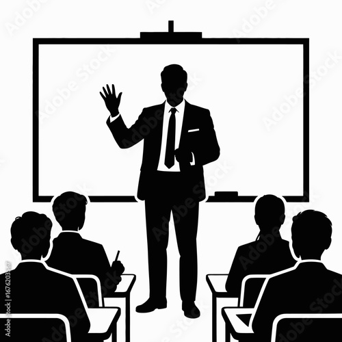 Silhouette of a confident speaker presenting to an attentive audience in a classroom