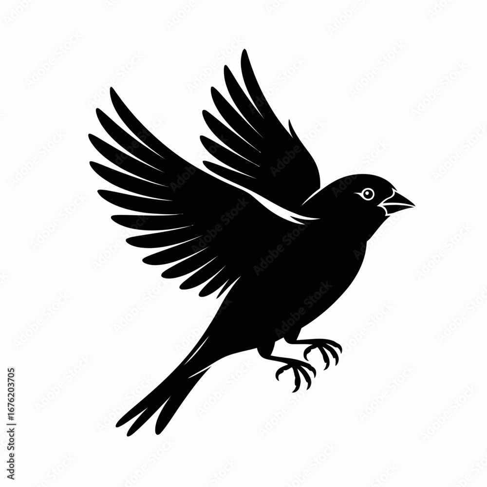 Obraz premium Black silhouette of a bird in flight with wings spread wide