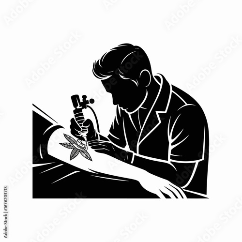 Tattoo artist working on client s arm with tattoo machine