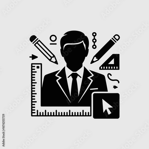 Silhouette of a businessman surrounded by design and measurement tools