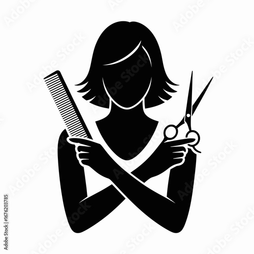 Stylized silhouette of a hairdresser holding scissors and comb