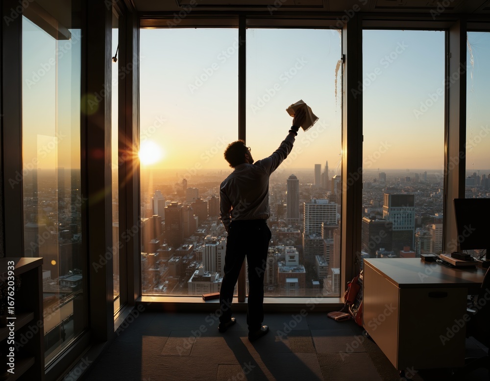 Fototapeta premium Male worker cleaning window in office at sunset with cityscape view