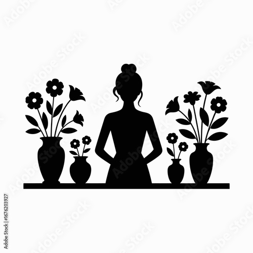 Silhouette of a woman with her back to the viewer surrounded by potted flowers
