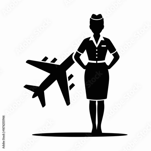 Silhouette of a flight attendant standing next to an airplane