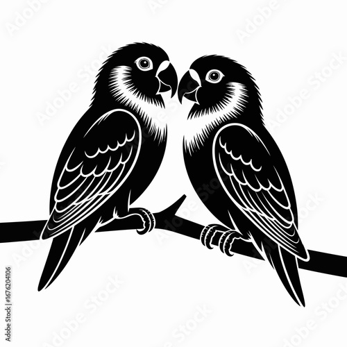 Two lovebirds perched together on a branch in a stylized black and white illustration