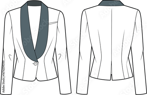 Stylish women’s shawl collar blazer cad drawing, vector fashion sketch, front and back view, elegant formal jacket design