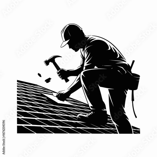 Silhouette of a roofer hammering shingles on a rooftop during the day