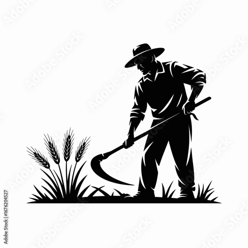 Silhouette of a farmer harvesting wheat with a scythe in a field