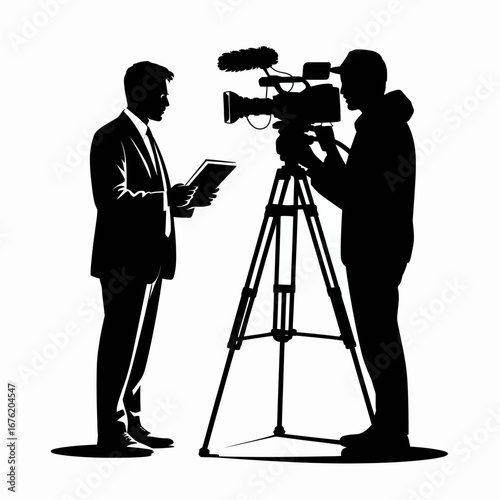 Silhouette of a journalist interviewing a cameraman filming a news report