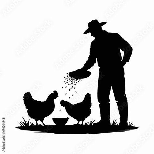 Farmer silhouette feeding chickens on a farm with grass and a bowl