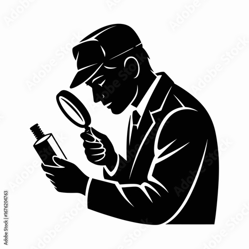Detective examining a bottle with a magnifying glass