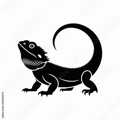 Stylized silhouette of a bearded dragon lizard with a curved tail