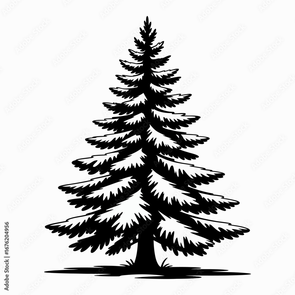 Obraz premium Detailed black and white illustration of a pine tree