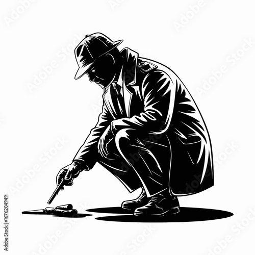 Detective in a trench coat examining evidence on the ground