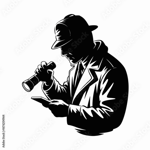 Silhouette of a detective in a fedora hat examining a clue with a magnifying glass