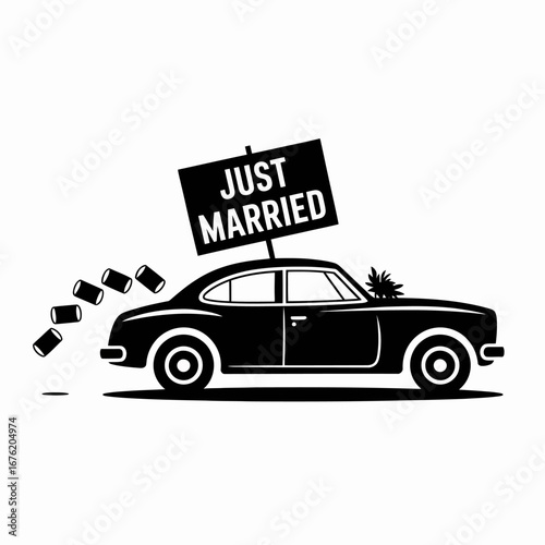 Black silhouette of a classic car with a just married sign and cans trailing